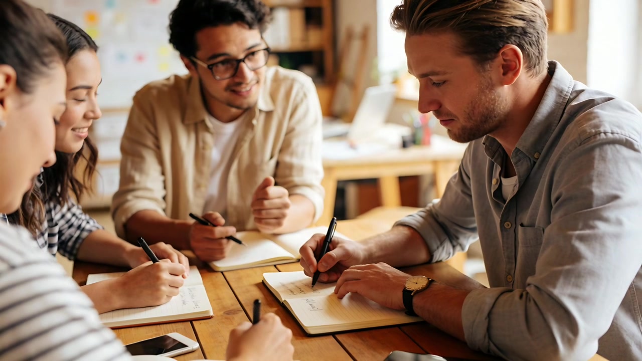 Speaking man wearing light overshirt leading brainstorming at office table, notebooks pens