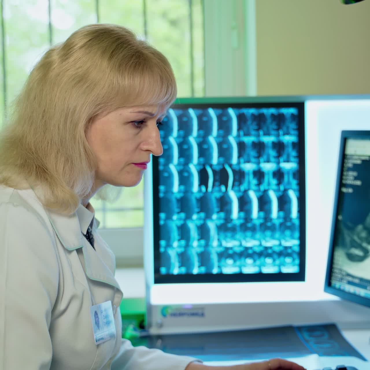 Blonde female doctor sitting in front of computer with patient's tomography picture. Focused medic typing the medical conclusion
