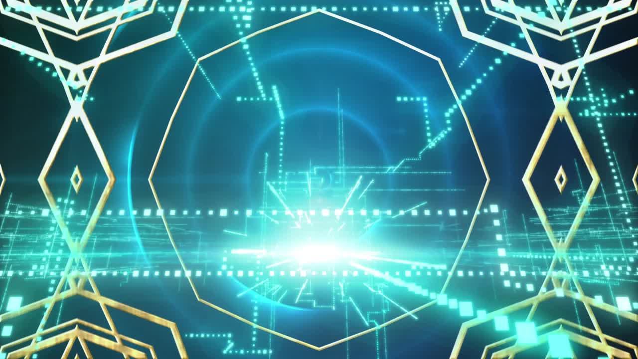 黒い背景に映し出されるデータ処理と図形のアニメーション