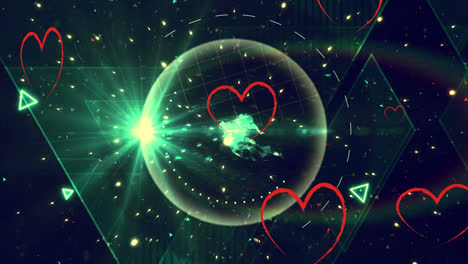 animation of hearts floating over lights and globe on black background