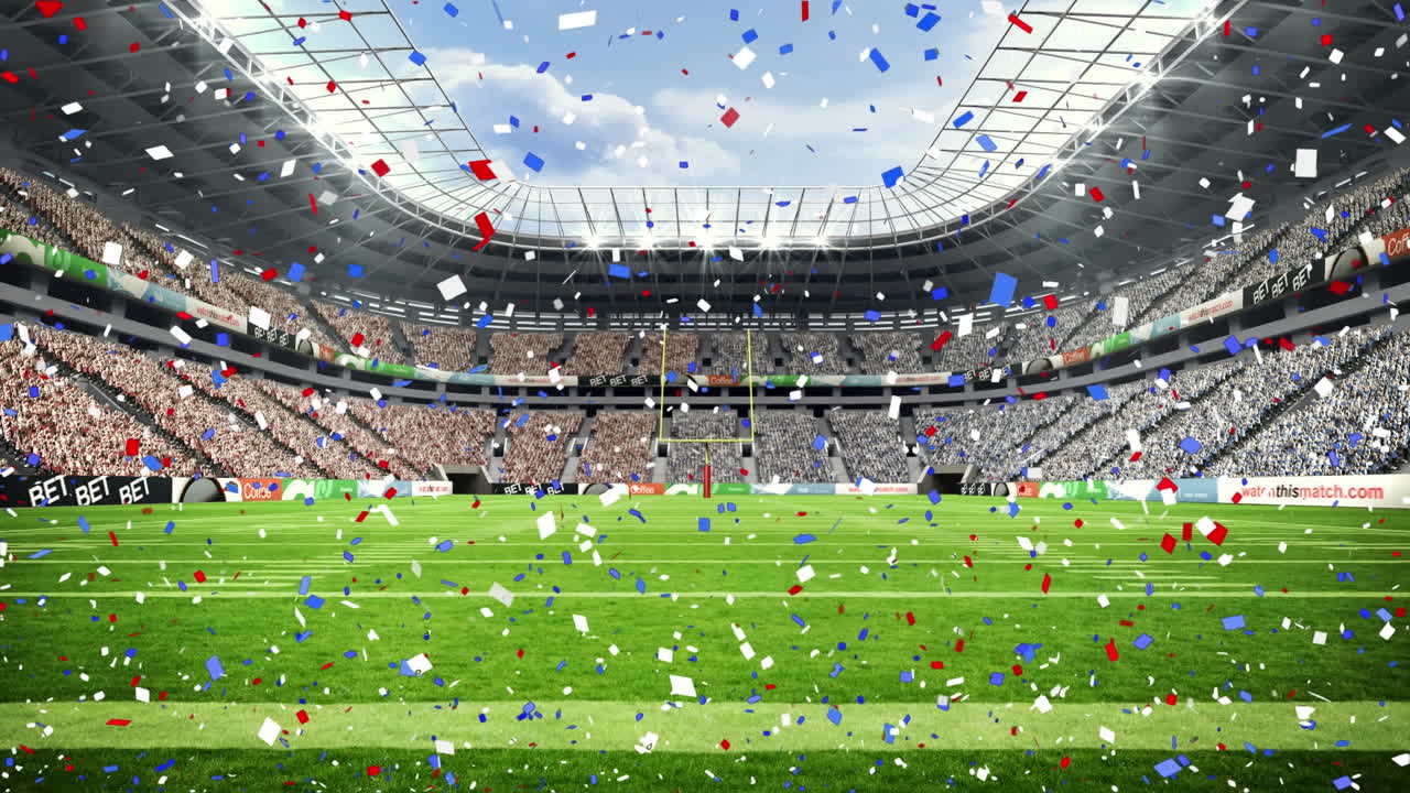 럭비 경기장 위에 떨어지는 콘페티의 애니메이션