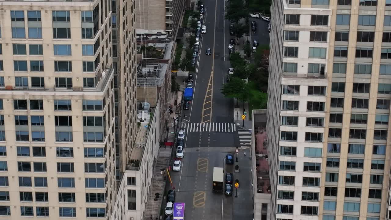 Urban aerial view of street lined with buildings in New York City