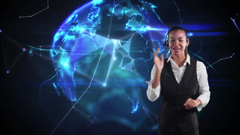 biracial woman with headset speaking with 3d globe background