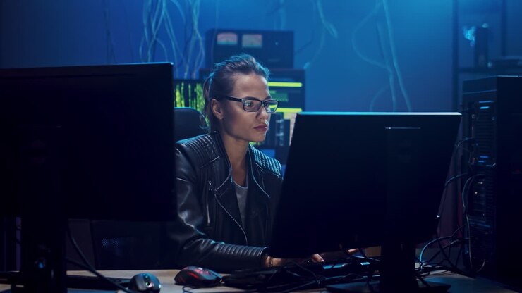 Good Looking Young Woman In Glasses, Software Developer Or Hacker Working At The Computer Screen In The Dark Room Late At Night And Being Very Tired, Taking Off Glasses And Giving Her Eyes A Rest