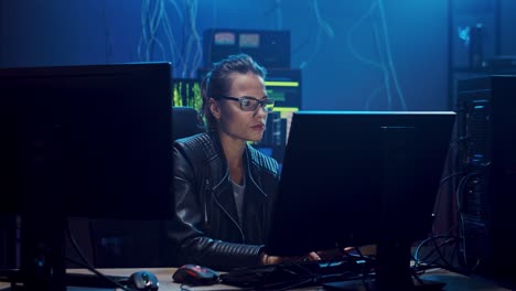 mujer joven de buen aspecto con gafas, desarrolladora de software o hacker trabajando en la pantalla de la computadora en la habitación oscura a altas horas de la noche y muy cansada, quitándose las gafas y descansando los ojos