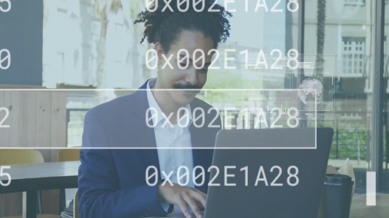 animación de datos y números de procesamiento sobre el hombre usando portátil.