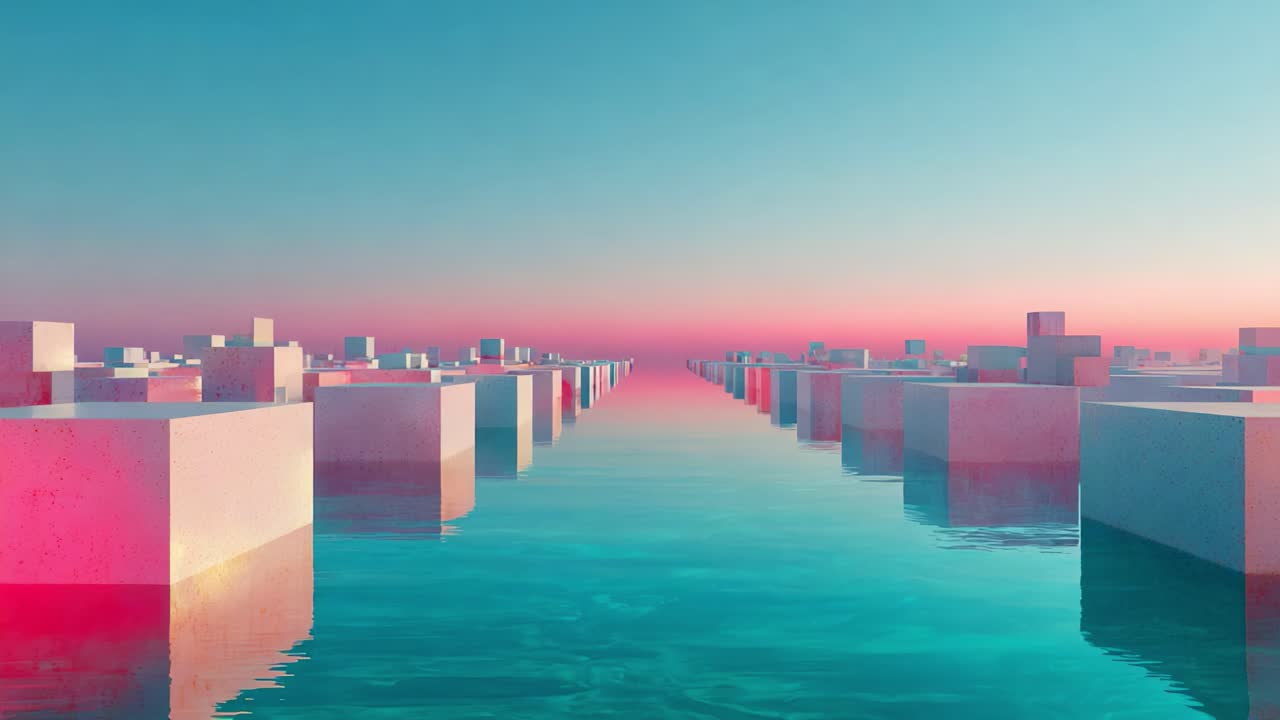 A Serene Perspective of Geometric Shapes Emerging from Tranquil Waters Under a Vibrant Sky, Capturing the Harmonious Balance of Color and Form in a Futuristic Landscape of Endless Possibilities