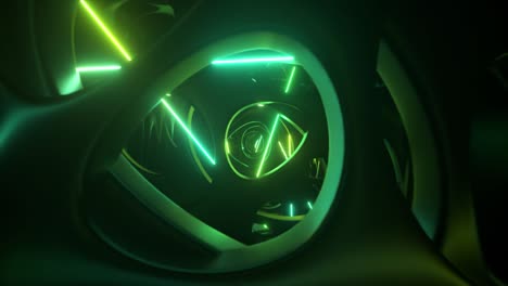 flying through an abstract alien structure illuminated by neon lights. modern ultraviolet lighting. 3d animation of seamless loop