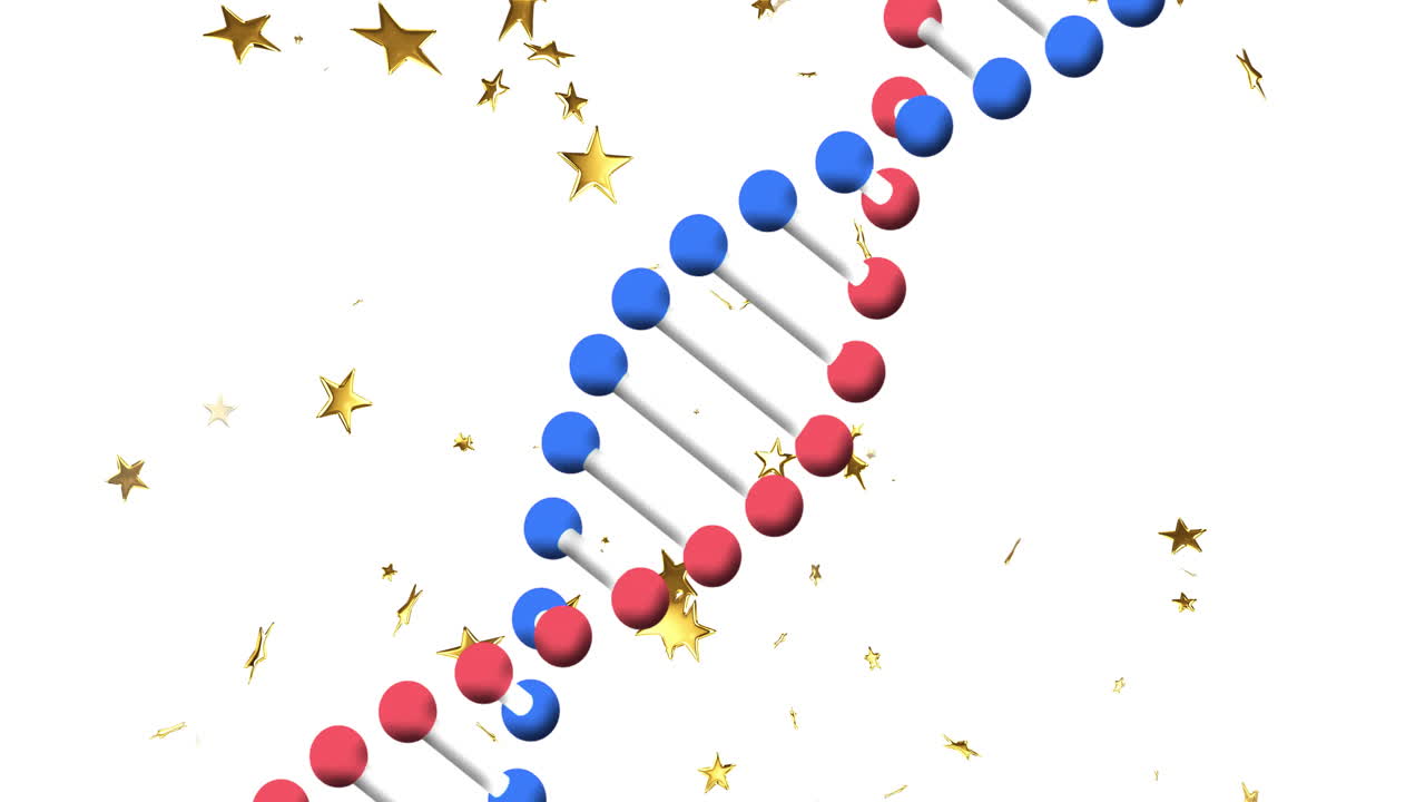 Animation of DNA strand with red and blue spheres surrounded by golden stars