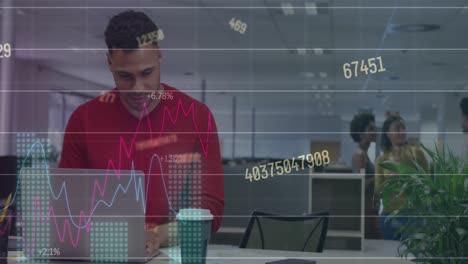 Animation-of-statistical-data-processing,-changing-numbers-over-biracial-man-using-laptop-at-office