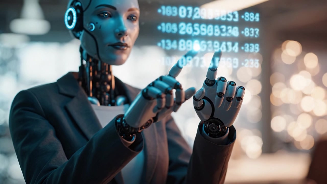 Futuristic Robot Analyzing Data in a High-Tech Environment with Interactive Digital Display for Advanced Human-Robot Collaboration and AI Implementation
