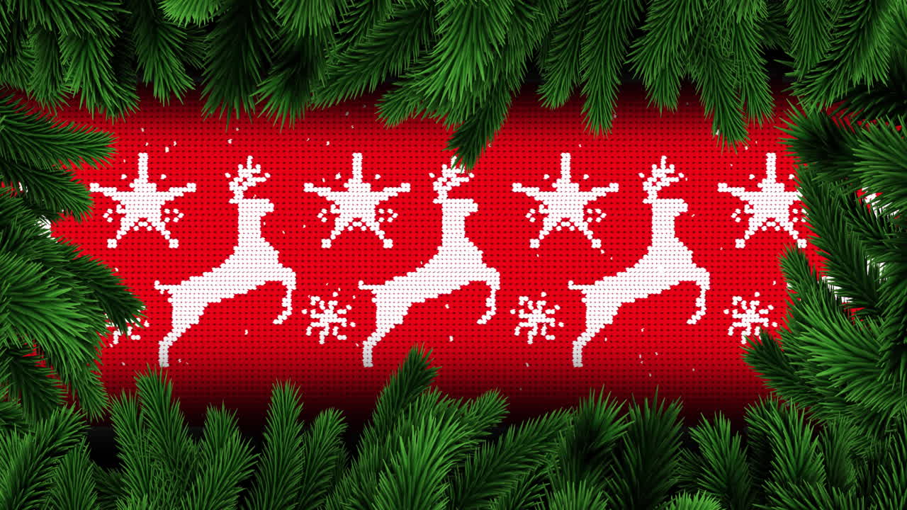 animación de nieve cayendo sobre el patrón de navidad con ramas de abeto