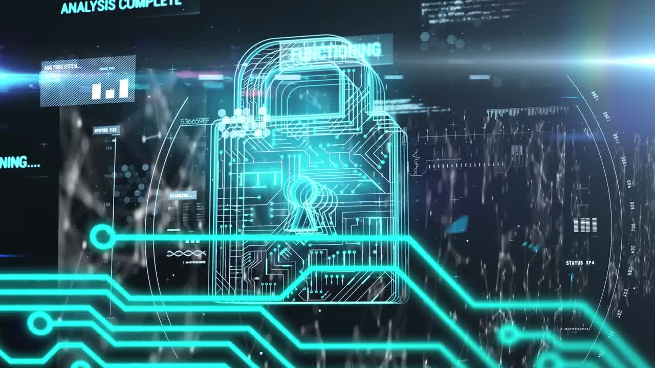 Animation of digital text interface and online security padlock