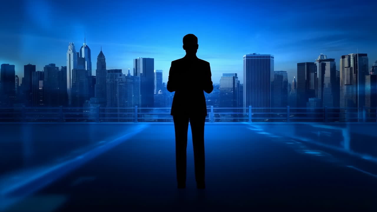 Silhouette of a businessman in front of a blue city skyline