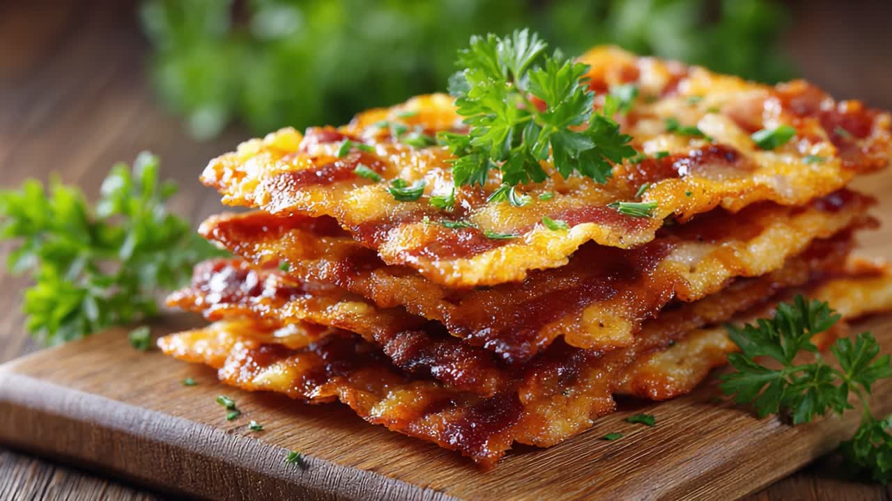 Deliciously Crispy Layered Snack Stacked on a Wooden Board with Fresh Parsley Garnish Against a Lush Green Background, Perfect for Any Gathering or Enjoyment