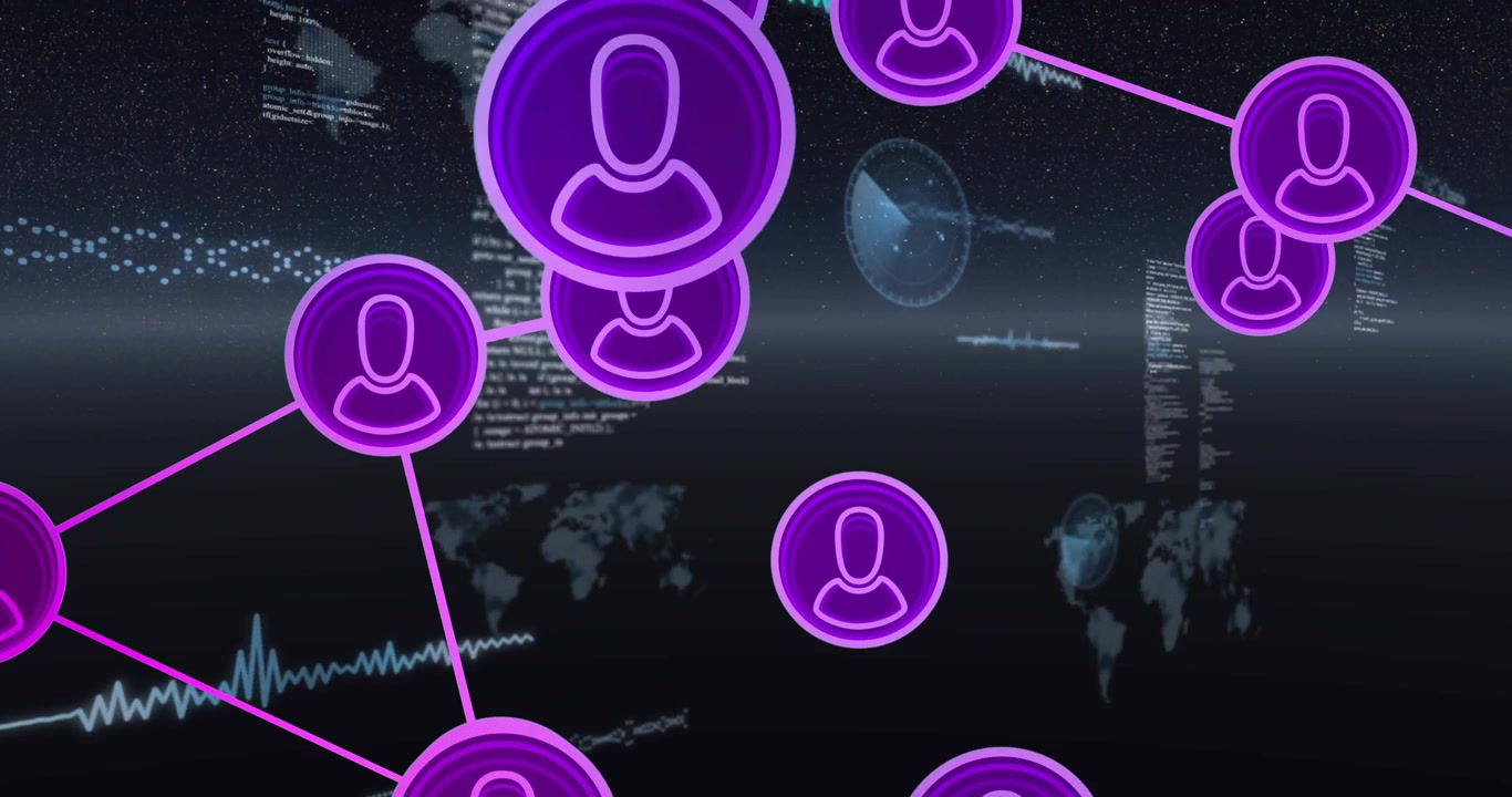 Glowing purple spheres drifting, pink lines linking avatar icons and forming network with world map