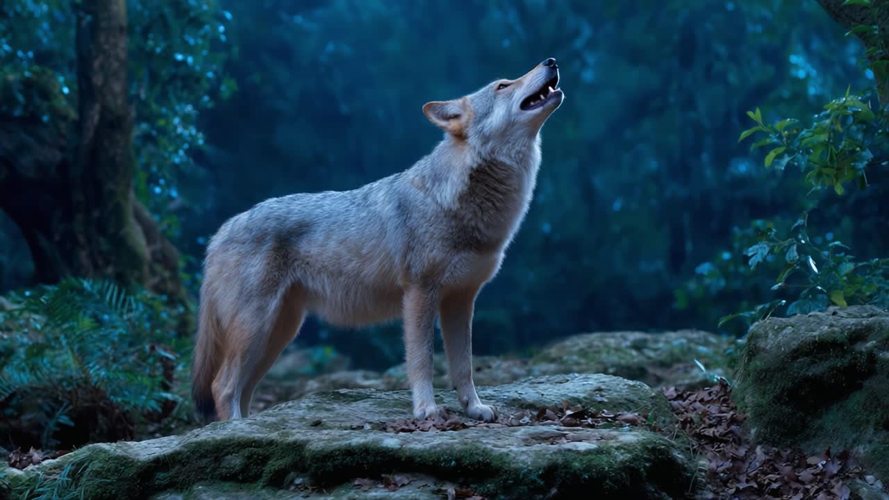 A solitary wolf stands majestically amidst a lush, misty forest, howling under the moonlight, embodying the spirit of the wild in a serene and captivating natural setting