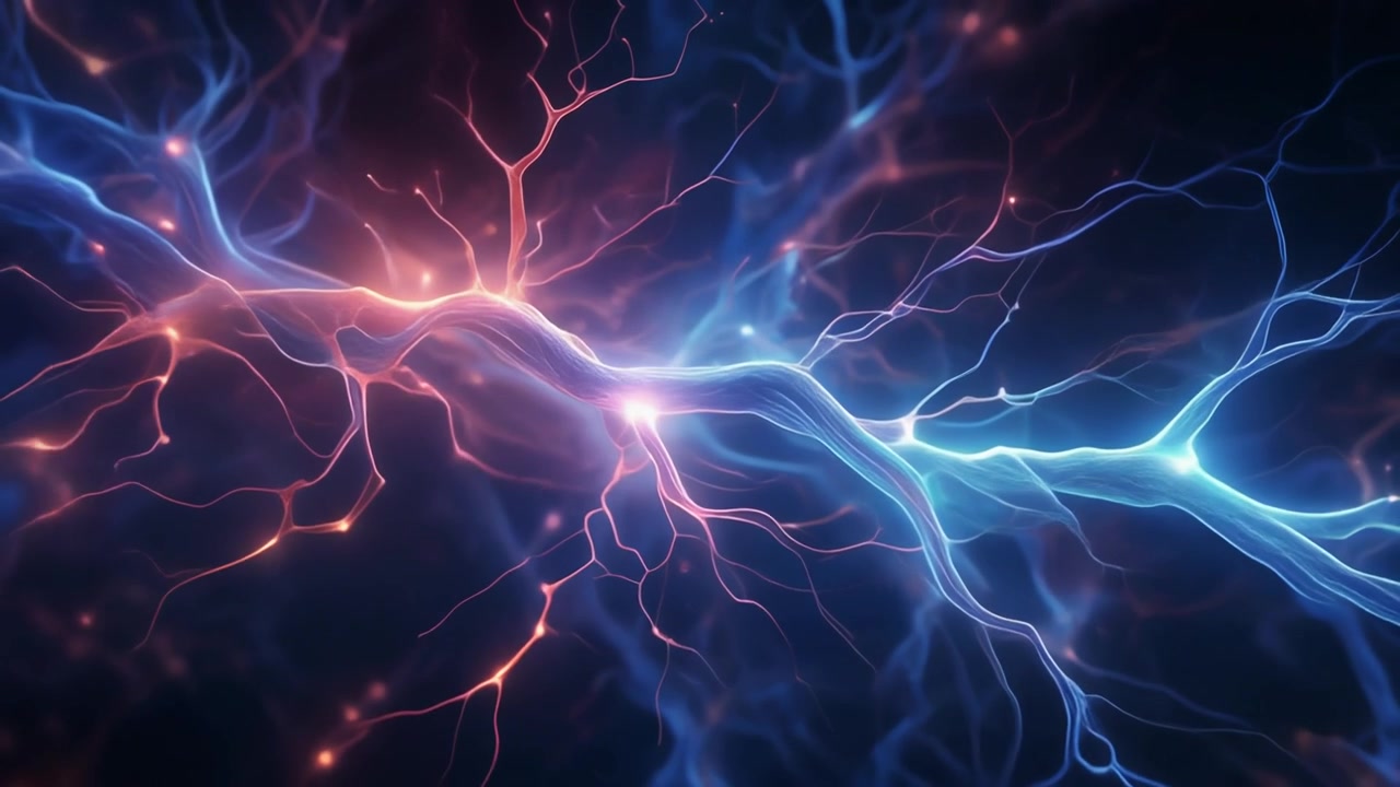 Abstract Neural Network Connection with Glowing Blue and Red Energy Pulses