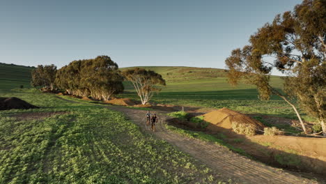 dos ciclistas de montaña montados en saltos de tierra en un campo verde