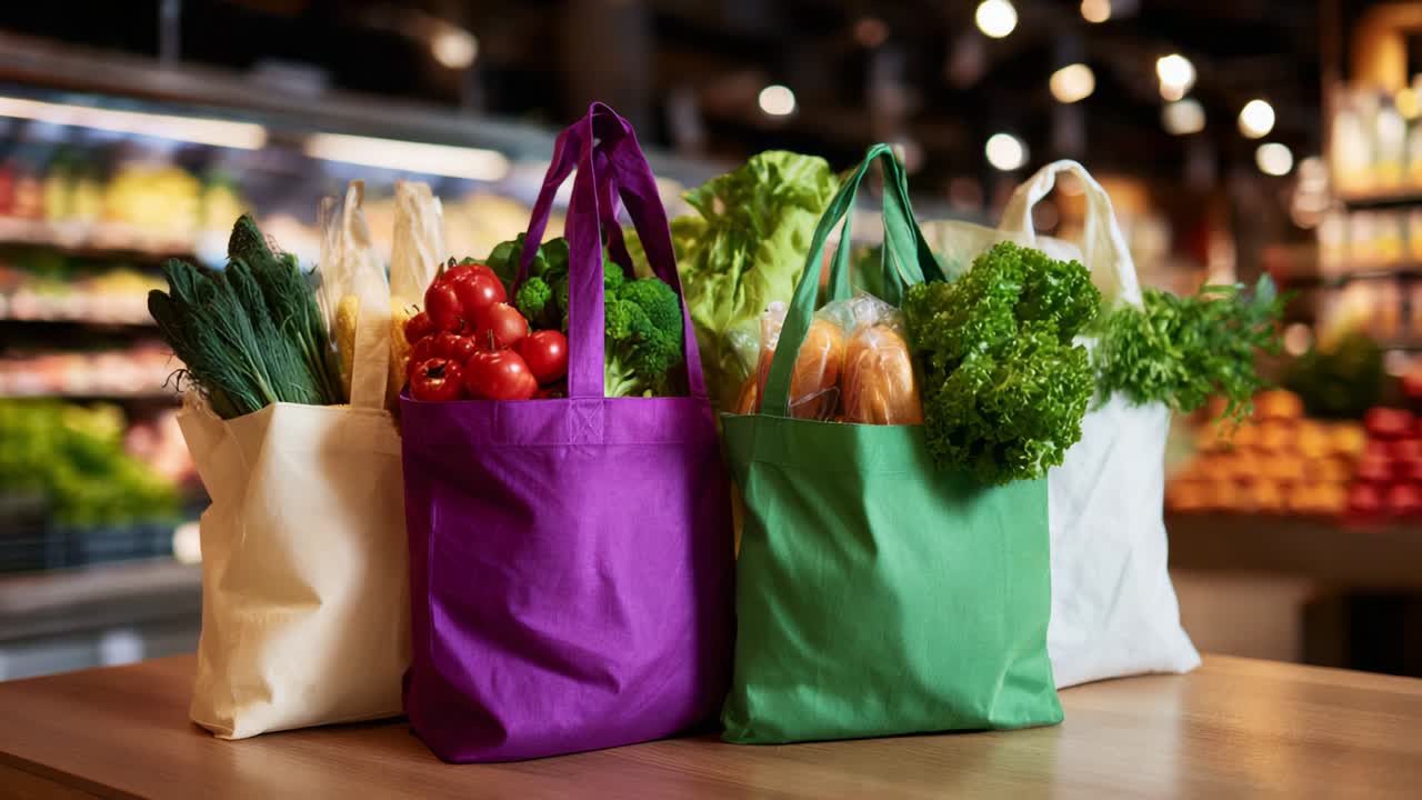 A Colorful Display of Eco-Friendly Grocery Bags Filled with Fresh and Vibrant Vegetables and Greens at a Brightly Lit Market, Capturing the Essence of Healthy Eating and Sustainable Shopping Choices