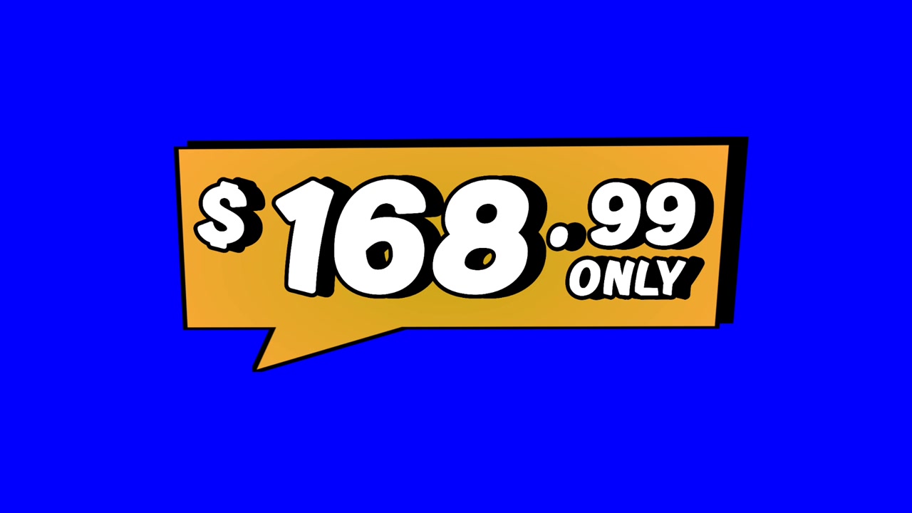 Animation $168.99 only price tag in speech bubble motion graphics on Blue screen background. Perfect for ads, e-commerce, retail, discounts, and promo videos business concept video element