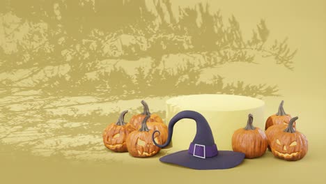 Venta-De-Halloween,-Ventas-De-Octubre,-Pancarta,-Fondo-Amarillo,-Calabazas-Talladas,-Vacaciones-De-Octubre,-Descuento-De-Halloween,-Sombrero-De-Bruja,-Sombrero-De-Alewife,-Decoración,-Representación-3d,-Animación-3d,-Marketing,-4k