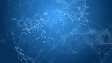 blue scientific background with chemical molecular formulas and plexus lines. abstract educational 3d animation. looped motion graphics.
