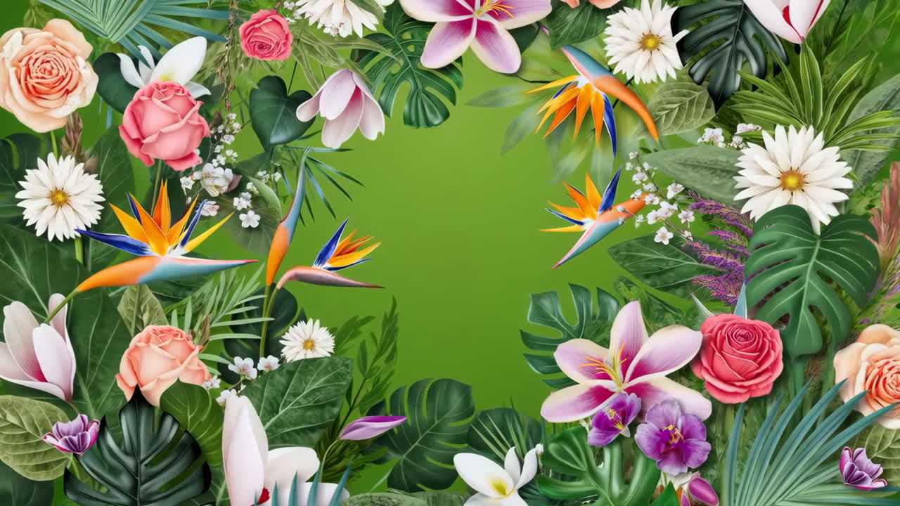 Floral Arrangement with Tropical Flowers and Leaves