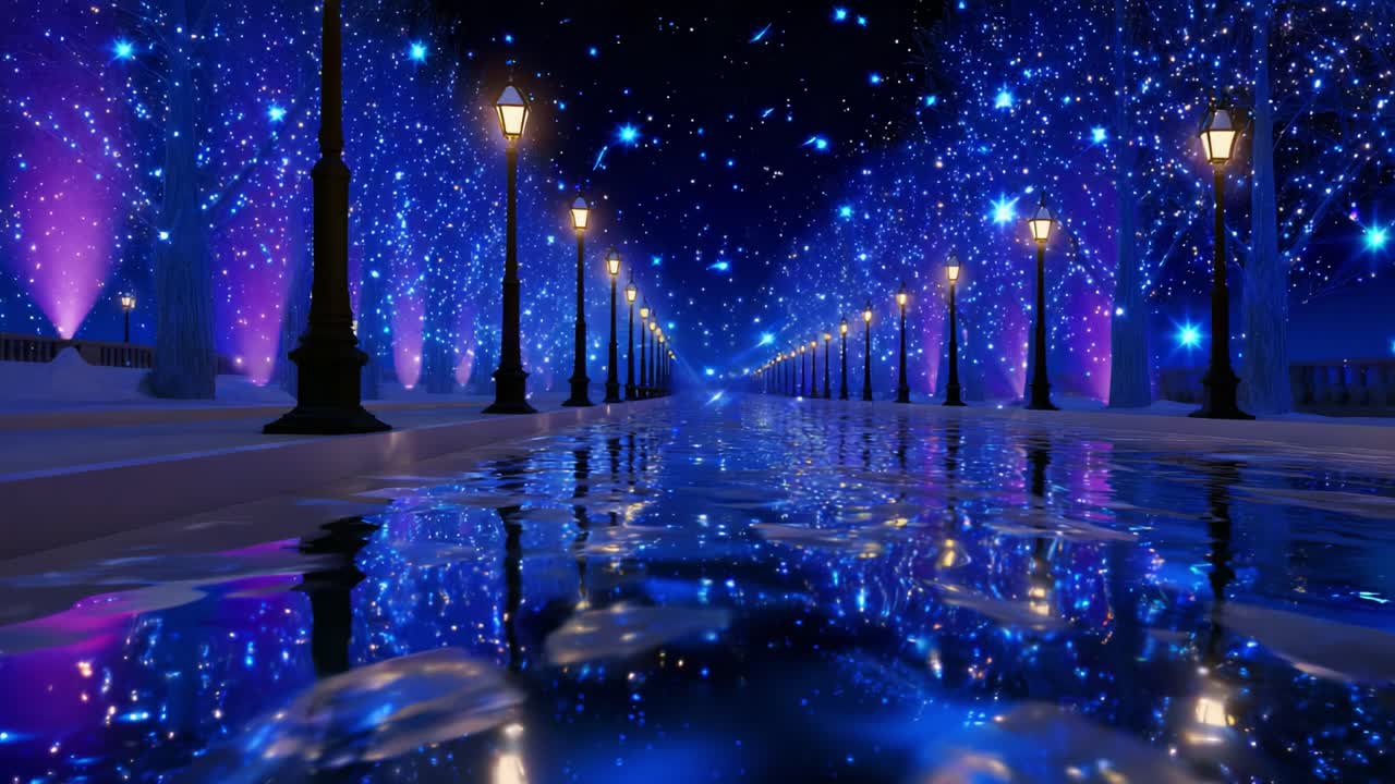 A Magical Night: A Serene Perspective of a Starry Pathway Illuminated by Lanterns and Reflected in a Calm Water Surface, Creating a Captivating Visual Experience of Nature's Cosmic Beauty