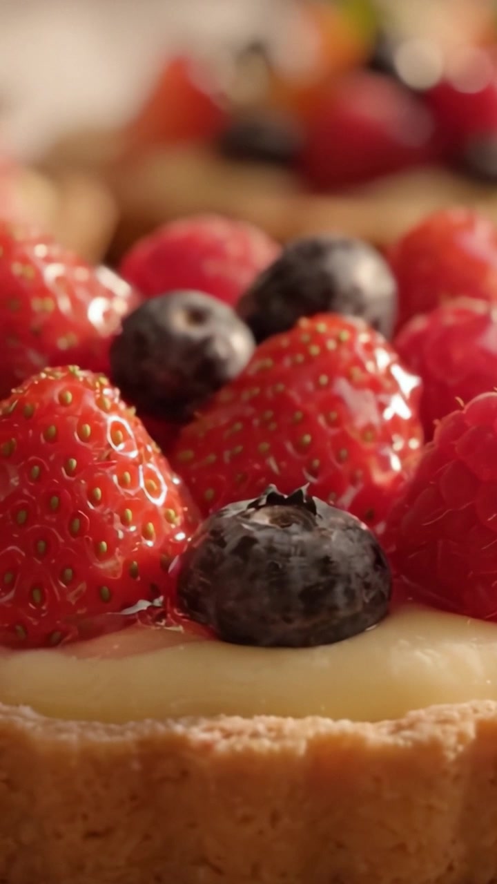 A Delectable Close-Up of a Colorful Fruit Tart, Showcasing an Array of Succulent Berries Resting on a Creamy Base with a Crunchy Crust Under Beautiful Lighting