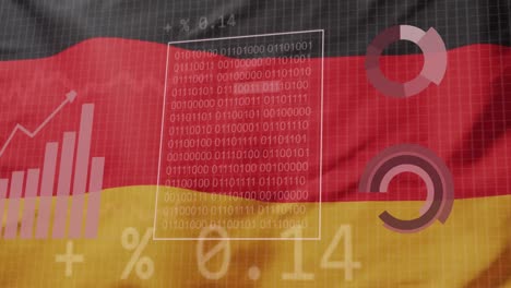 animation of statistics and data processing over waving flag of germany