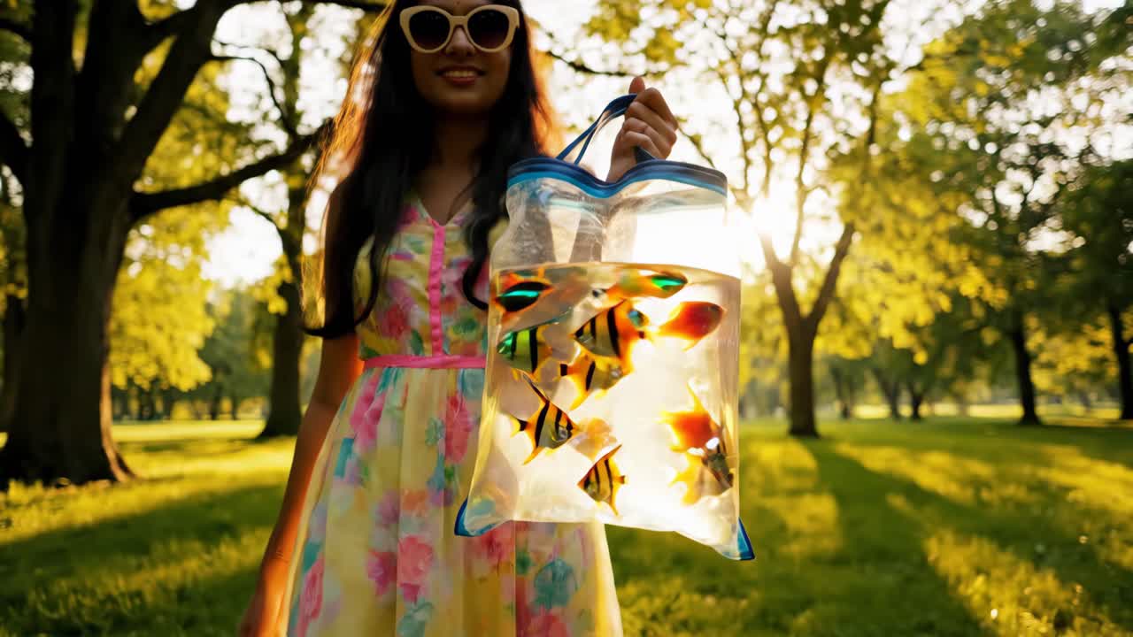 Woman with fish in a bag outdoors