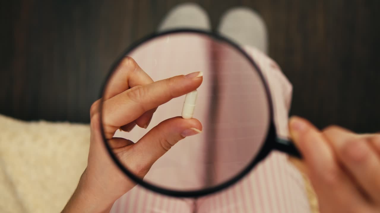 examinando una píldora bajo una lupa