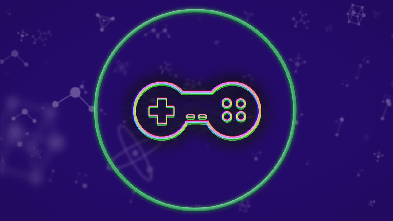 보라색 배경에 네온 원 위에 비디오 게임 컨트롤러의 애니메이션
