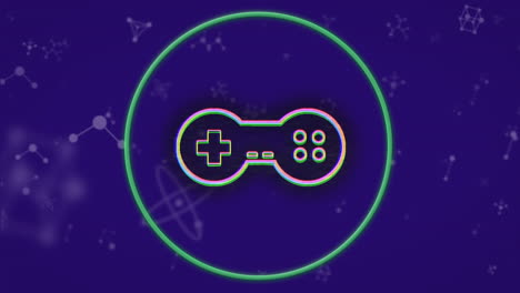 animación del controlador de videojuego sobre un círculo de neón sobre un fondo púrpura