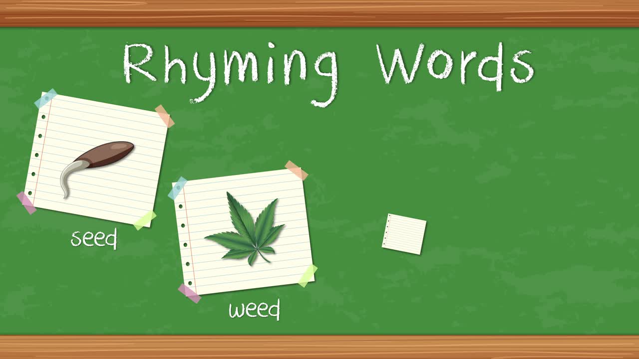 Animated notes appear on a green chalkboard teaching rhyming words seed, weed, reed, and breed