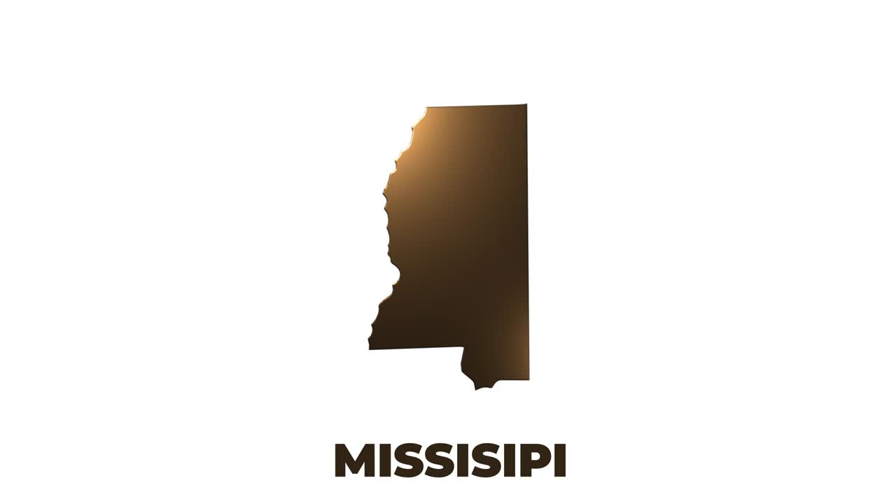 el estado de mississippi de los estados unidos de américa. marcador de ubicación de oro 3d animado en el mapa. fácil de usar con el modo de transparencia de pantalla en su video.