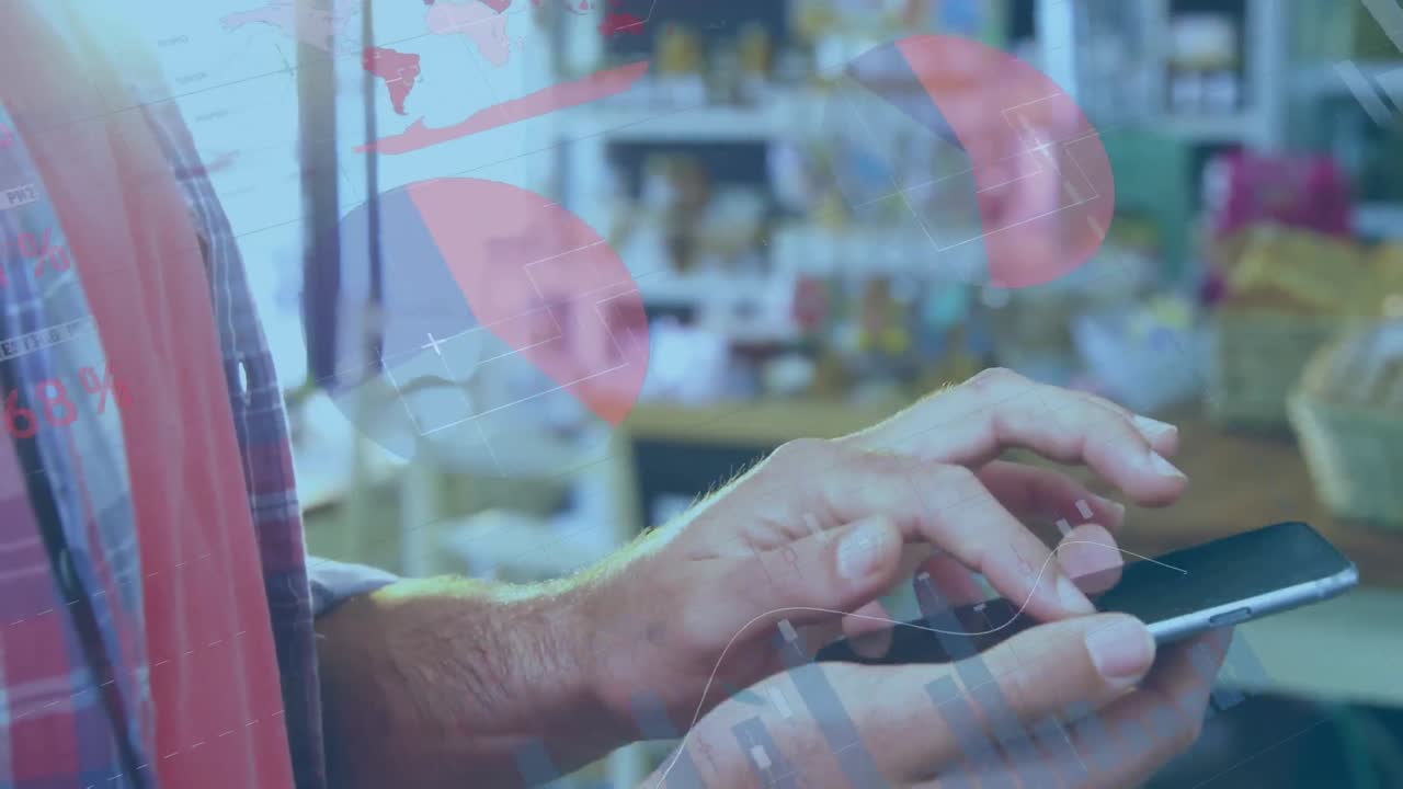 식료품 가게에서 스마트폰을 사용하는 사람의 중간 부분에 대한 통계 데이터 처리 애니메이션