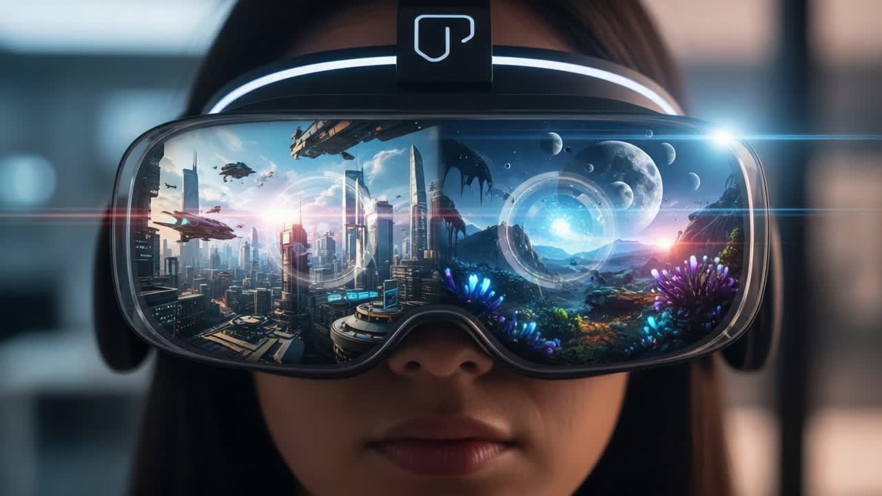 Exploring the Futuristic World of Virtual Reality: A Glimpse into a Vibrant Sci-Fi Landscape Through Cutting-Edge VR Headset Technology