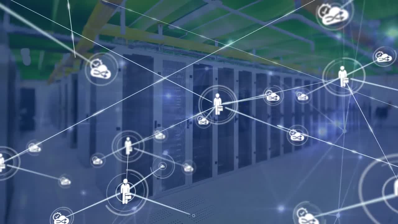 Animation of network of connections and digital icons against computer server room