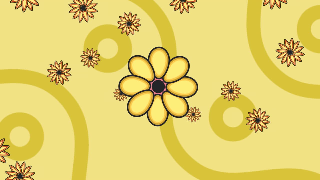animación de flores rosadas y amarillas sobre curvas y círculos dorados sobre fondo amarillo