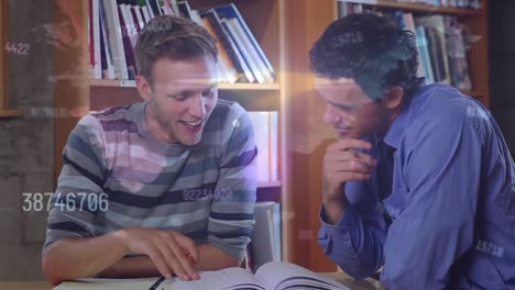 animación de números sobre estudiantes varones caucásicos que aprenden juntos