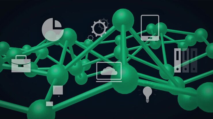 Animation af digital databehandling og DNA-streng over sort baggrund