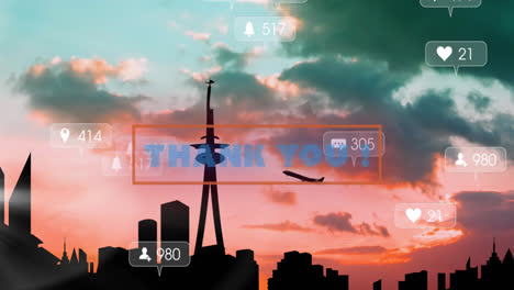animation of thank you text and media icons over cityscape