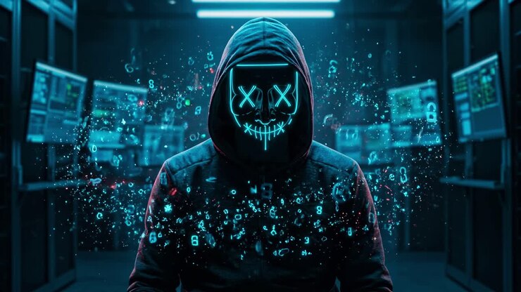 Mysterious hacker at work in a dark digital environment showcasing data manipulation and cyber techniques