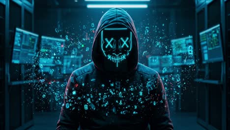 Mysterious hacker at work in a dark digital environment showcasing data manipulation and cyber techniques