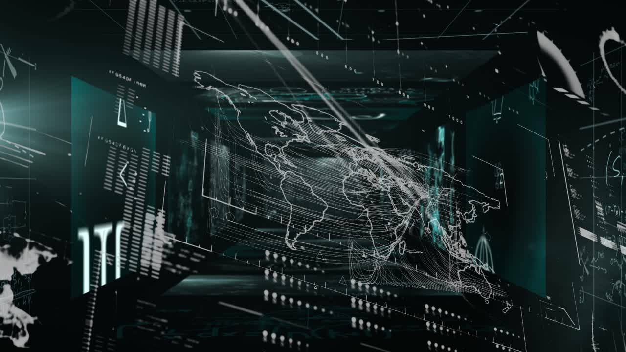 Animation of data processing with world map on black background