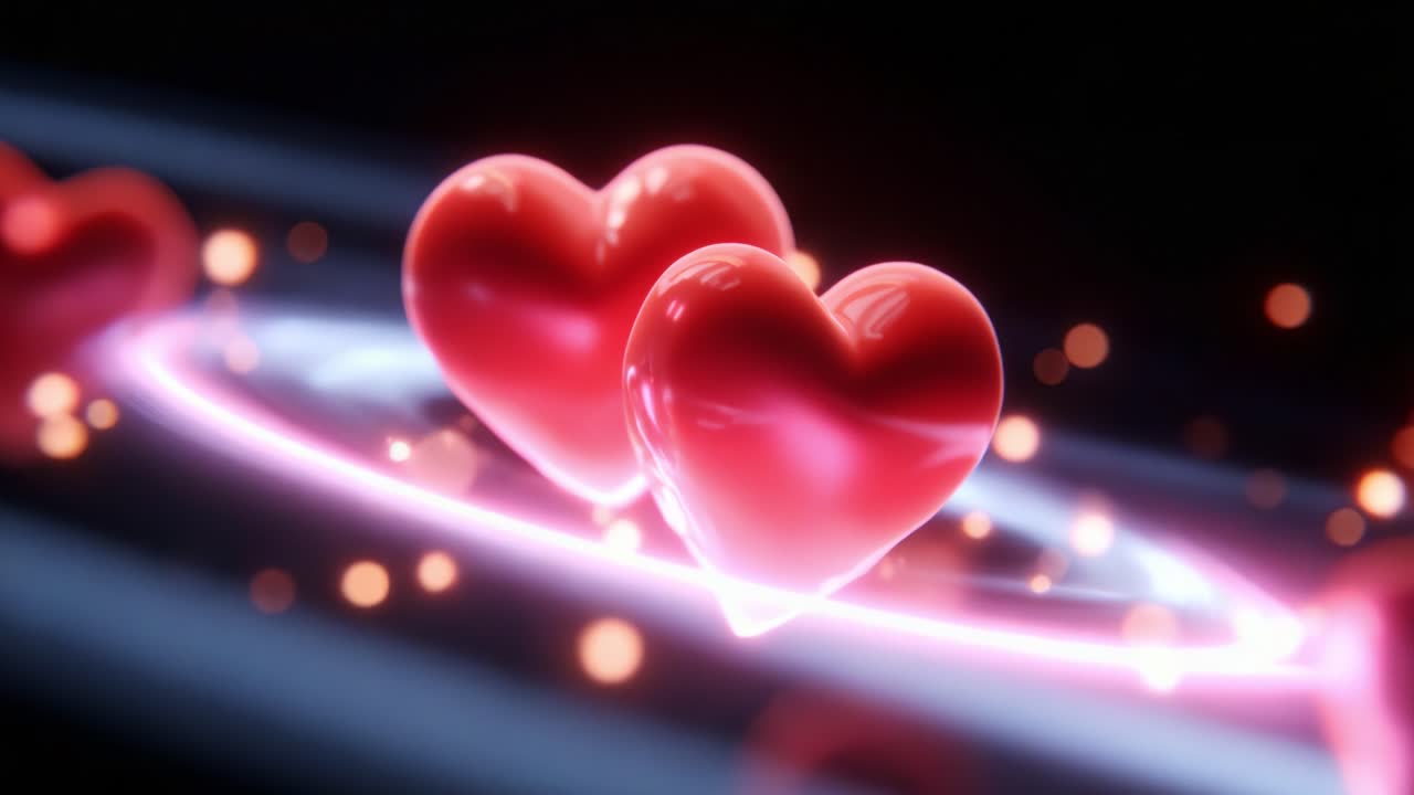 An Enchanting Display of Two Shiny Hearts Floating in a Cosmic Glow, Surrounded by Sparking Lights and Soft Swirls, Capturing the Essence of Love and Connection in a Dreamlike Atmosphere