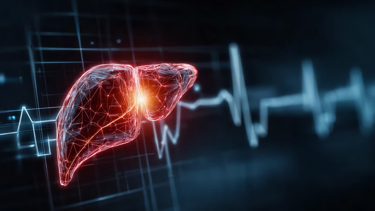 Dynamic Visualization of Hepatic Health: An Interactive Graphic Displaying the Liver's Structure Alongside Vital Signs in a Futuristic Medical Interface