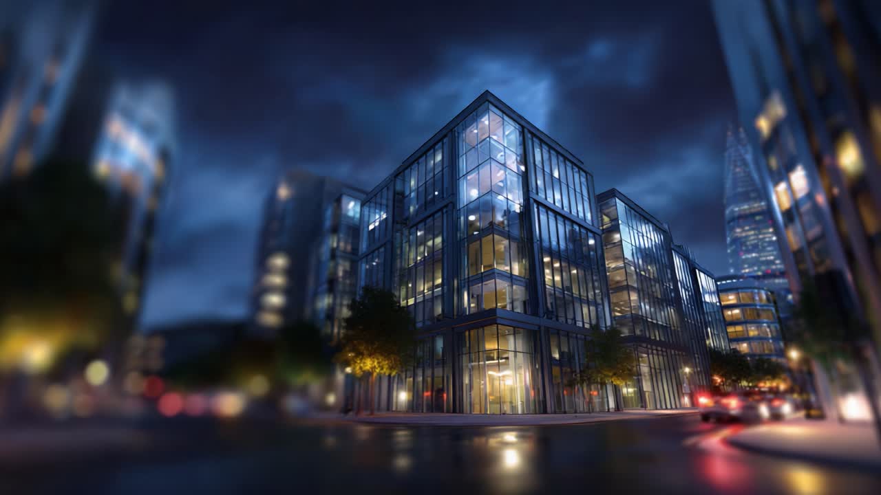 Modern Urban Architecture at Night Captured in Dramatic Lighting with Reflections and Shadows Highlighting the Building's Glass Facade in a Cityscape